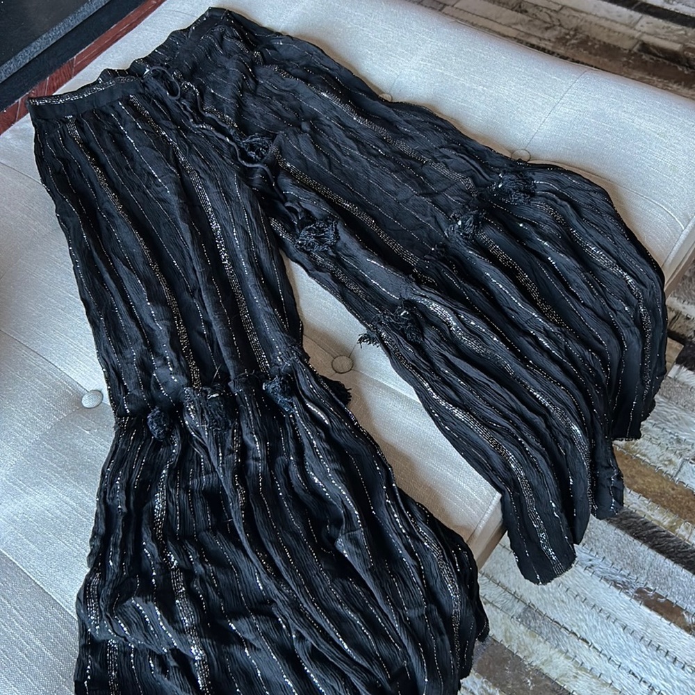 Chic Black Flare Pants with Metallic Stripes